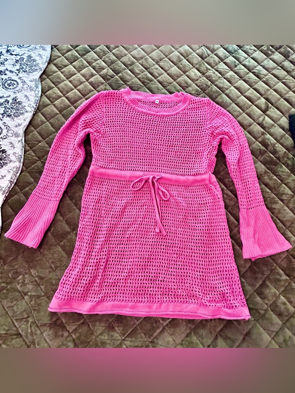 Bright Pink Crochet Swim Cover-Up Tunic with Waist Tie